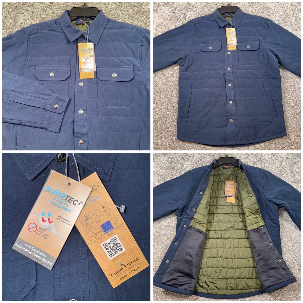 Tailor Vintage Mens Navy Quilted Snap Front Shirt Jacket AIROTEC Luxe Medium NEW
